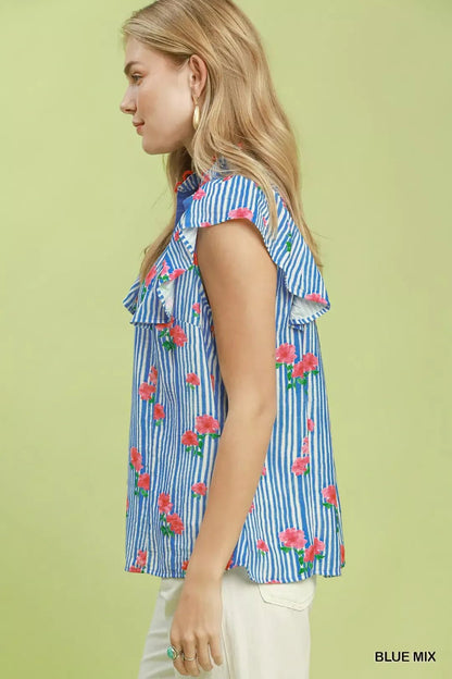 Umgee Striped Floral Ruffle Sleeve Top with Contrast Trim - NORIVE