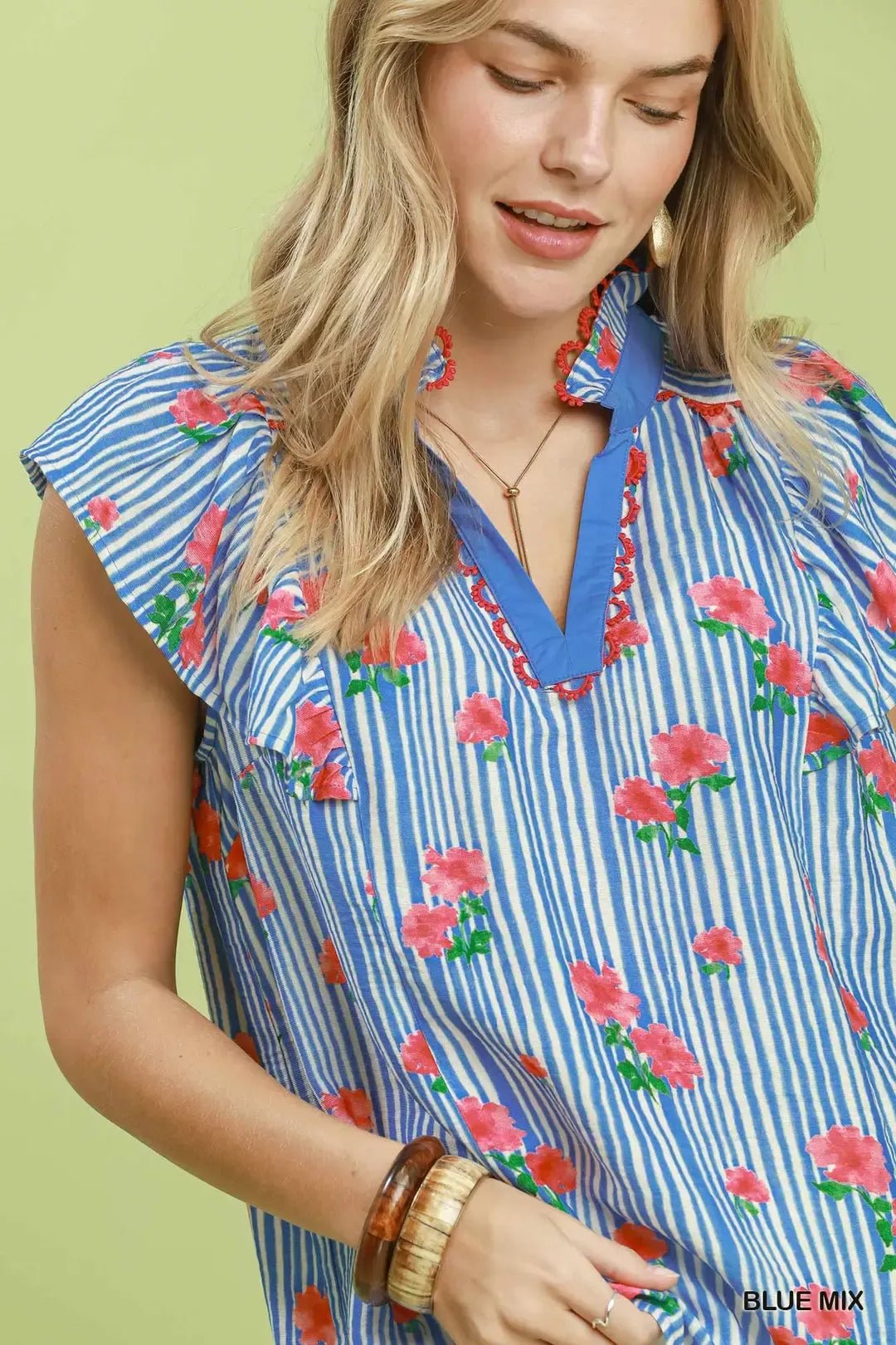 Umgee Striped Floral Ruffle Sleeve Top with Contrast Trim - NORIVE