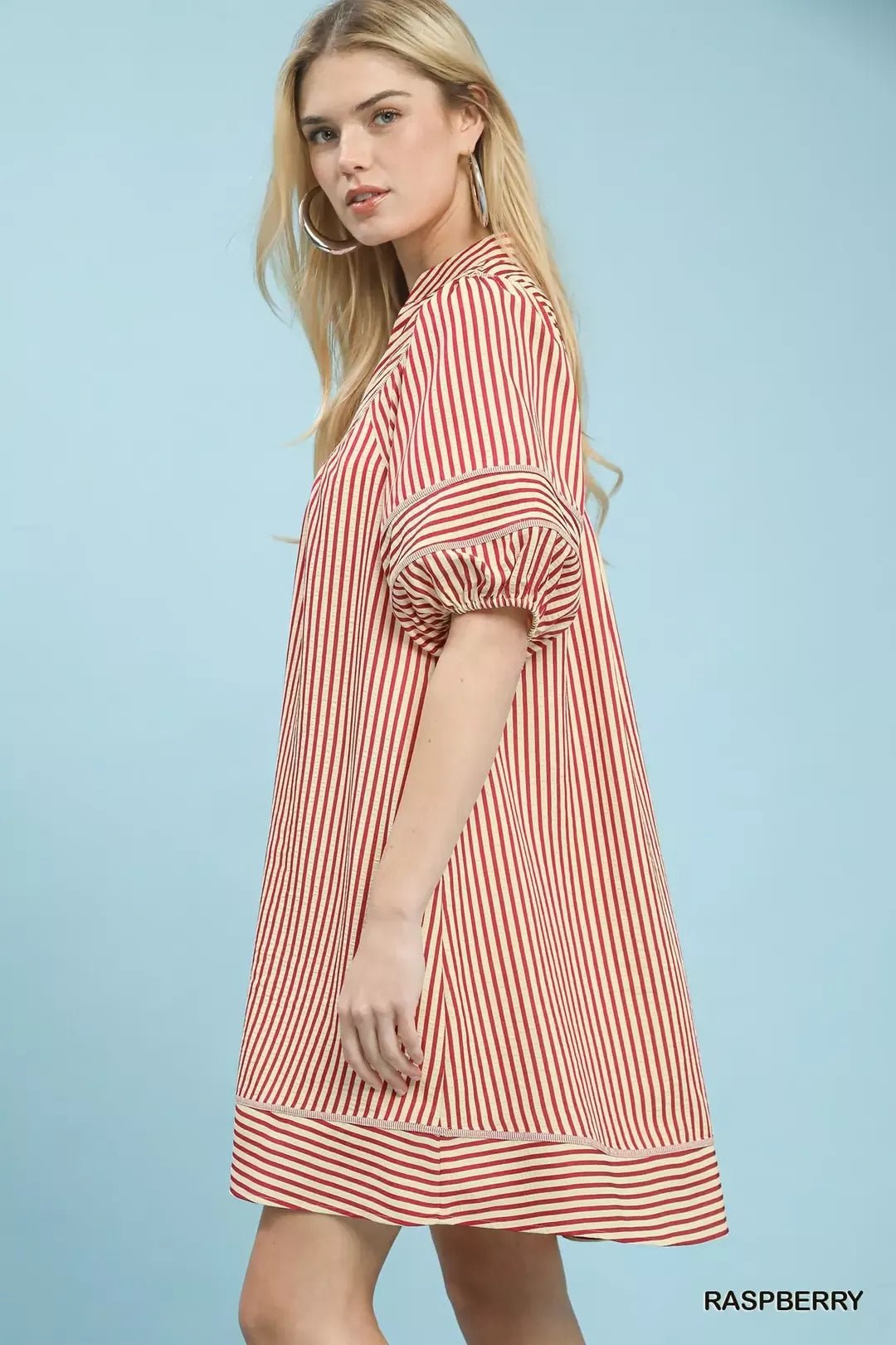Umgee Striped Puff Sleeve Shift Dress - NORIVE