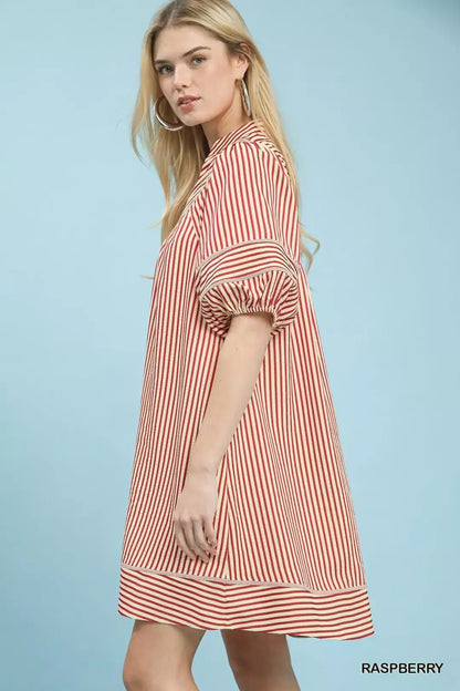 Umgee Striped Puff Sleeve Shift Dress - NORIVE