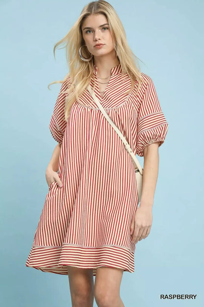 Umgee Striped Puff Sleeve Shift Dress - NORIVE