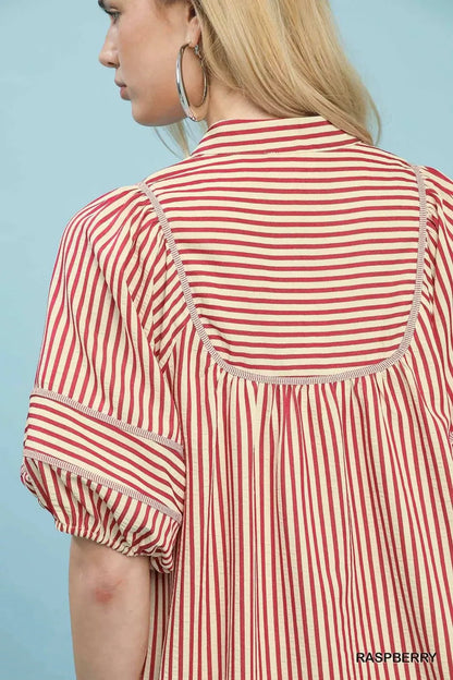 Umgee Striped Puff Sleeve Shift Dress - NORIVE