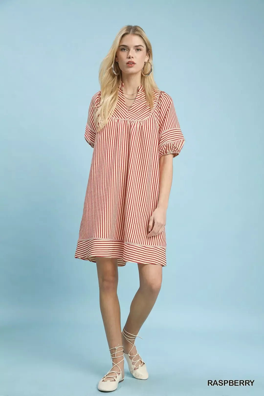 Umgee Striped Puff Sleeve Shift Dress - NORIVE