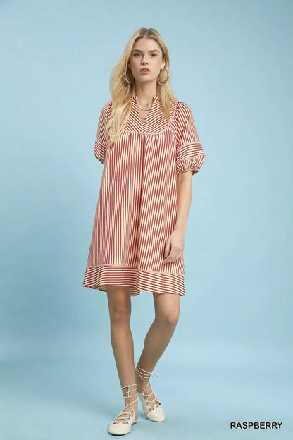 Umgee Striped Puff Sleeve Shift Dress - NORIVE