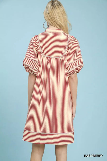 Umgee Striped Puff Sleeve Shift Dress - NORIVE