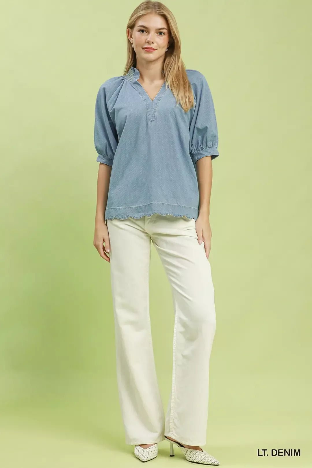 Umgee Textured Puff Sleeve Scallop Hem Blouse - NORIVE