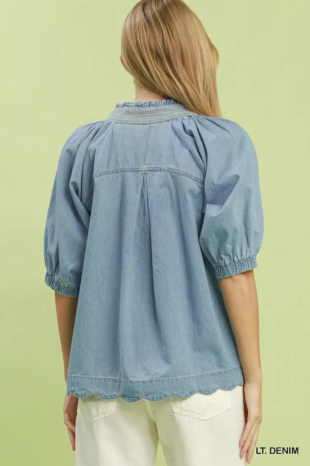 Umgee Textured Puff Sleeve Scallop Hem Blouse - NORIVE