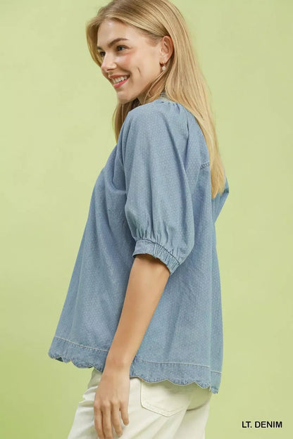 Umgee Textured Puff Sleeve Scallop Hem Blouse - NORIVE