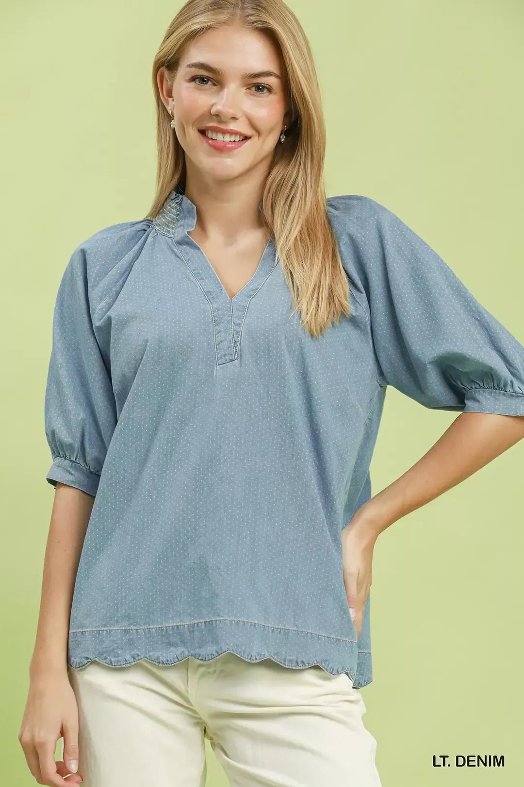 Umgee Textured Puff Sleeve Scallop Hem Blouse - NORIVE