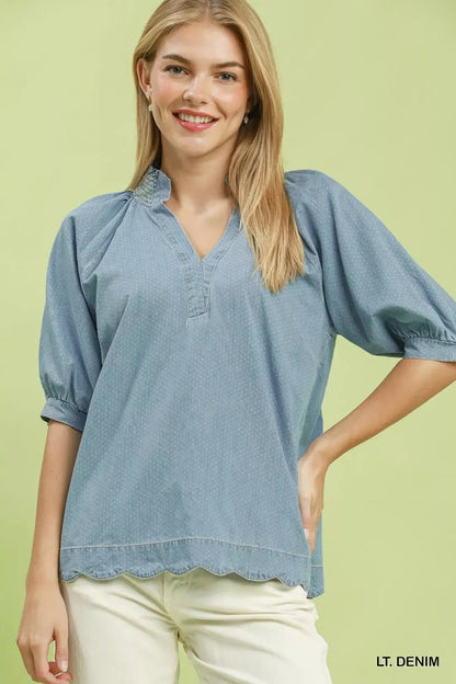 Umgee Textured Puff Sleeve Scallop Hem Blouse - NORIVE
