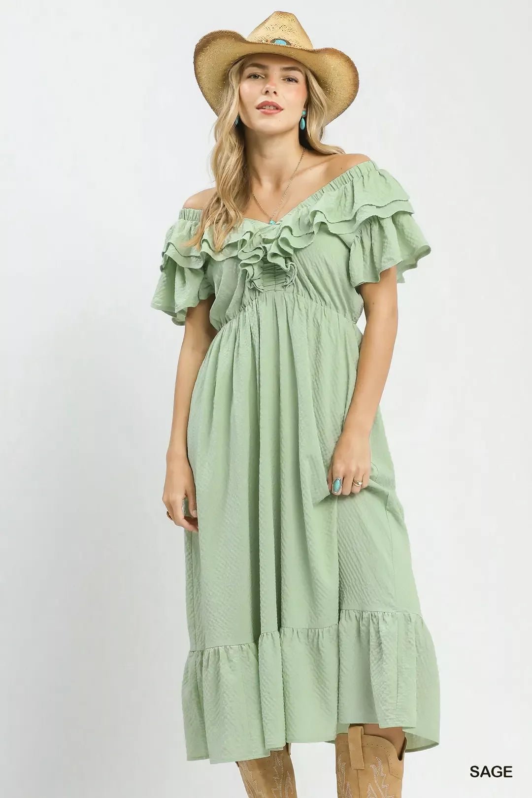 Umgee Textured Ruffle Midi Dress - NORIVE