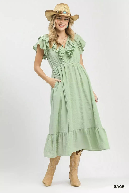 Umgee Textured Ruffle Midi Dress - NORIVE