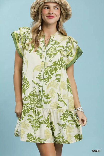 Umgee Toile Print Button - Front Placket Mini Dress with Dropped Ruffle Hem - NORIVE