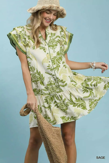 Umgee Toile Print Button - Front Placket Mini Dress with Dropped Ruffle Hem - NORIVE