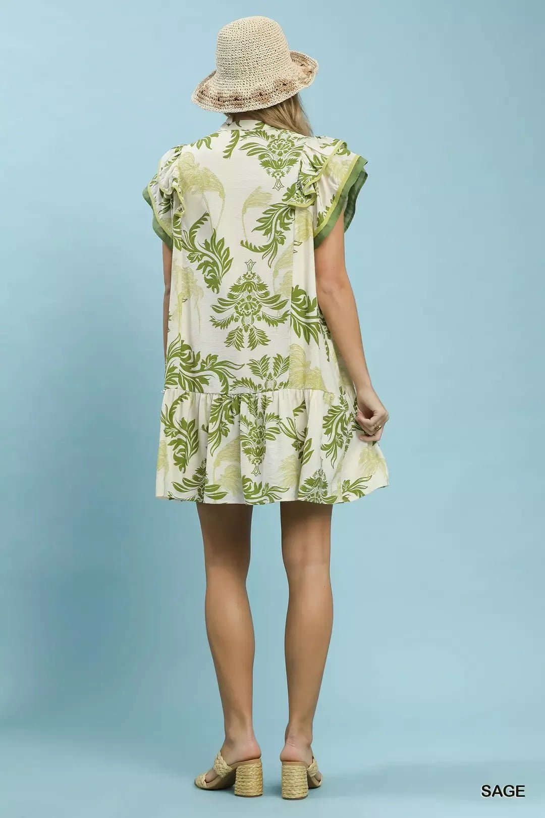 Umgee Toile Print Button - Front Placket Mini Dress with Dropped Ruffle Hem - NORIVE