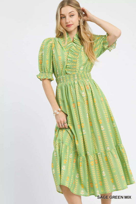 Umgee Vibrant Ruffle Smocked Midi Dress - NORIVE