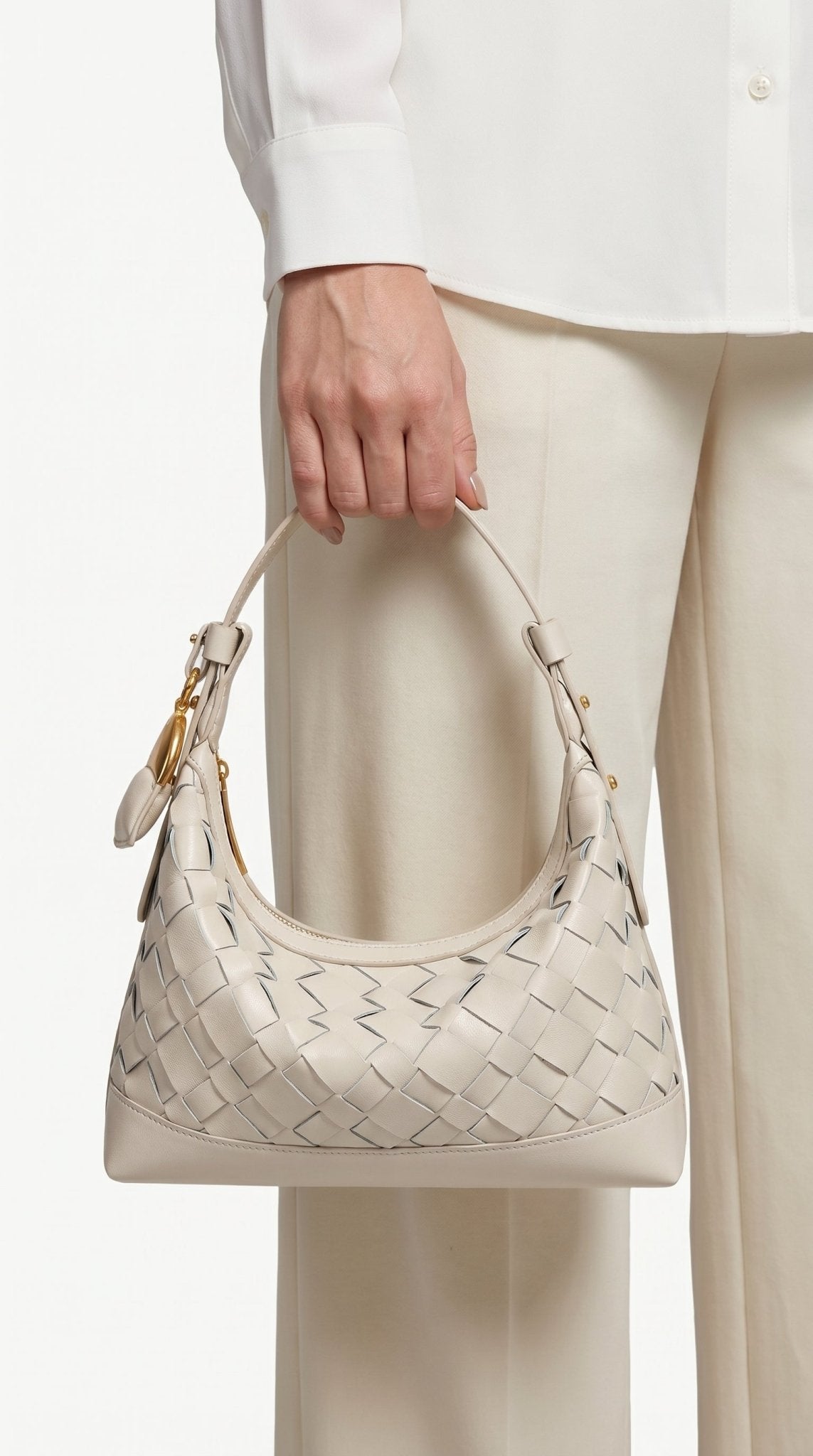 Woven Crescent Hobo Bag — Textured Shoulder Bag with Gold-Tone Hardware - NORIVE
